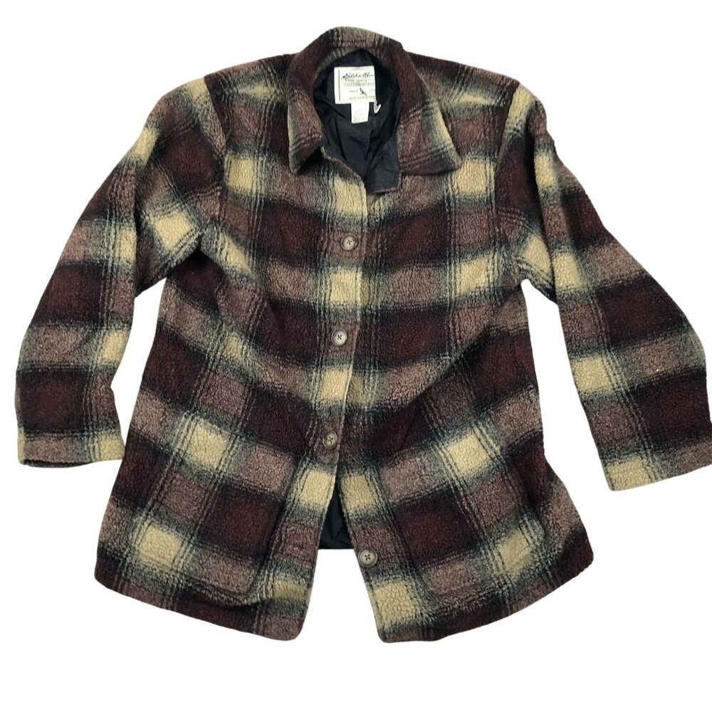 Eddie Bauer Women's Plaid Button-Up Sherpa Coat Medium Brown & Yellow